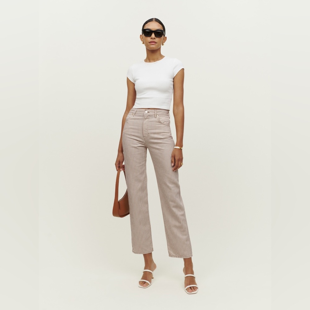 Reformation Beige Pinstripe Straight Leg Jeans